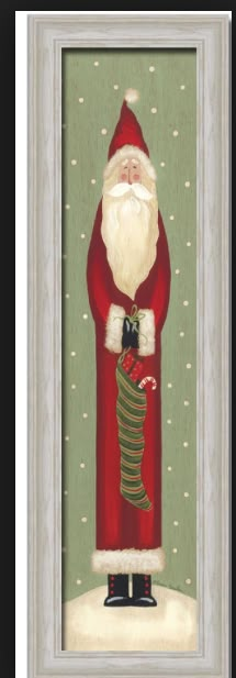 a painting of santa claus holding a candy cane in his right hand and wearing a red suit