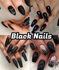 Nails Acrylic Dark Colors Art Designs, Black Style Acrylic Nails, Black Classy Halloween Nails, Black Nail Color Ideas, Blk Nails Art Designs, Black Bling Nail Designs, January Nail Designs Black, Black Matt Nails Ideas, Black Nails 2023 Trends