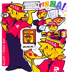 a drawing of pizza and other items on a white background