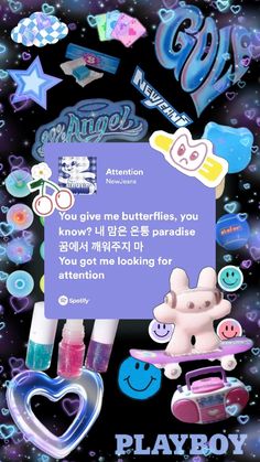 Y2K 2000s Background Blue with Spotify Lyrics from Attention - NewJeans and decors Newjeans Lyrics Wallpaper, Omg Newjeans Lyrics, Spotify Lyrics Aesthetic Kpop, Newjeans Wallpaper Aesthetic, Y2k Aesthetic Wallpaper, Newjeans Kpop, You Give Me Butterflies