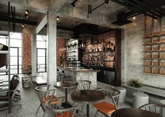 the interior of a restaurant with wooden tables and chairs, exposed brick walls and shelves