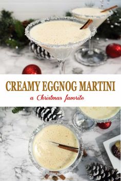 two glasses filled with creamy eggnog martinis on top of a table