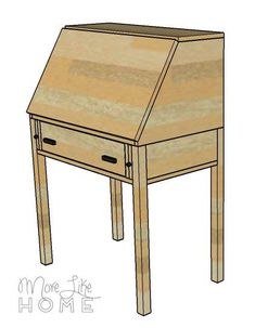 a drawing of a wooden desk with one drawer on the top and two drawers on the bottom