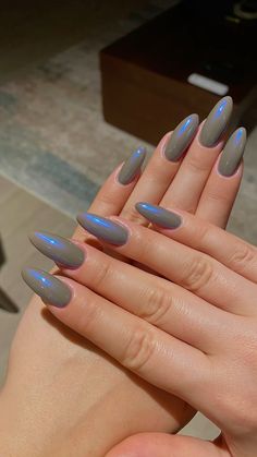 Gray Nails With Chrome, Gray Blue French Tip Nails, Chrome Nails Gray, Blue Gray Almond Nails, Charcoal Grey Chrome Nails, Grey Sparkly Nails, Blue Gray Chrome Nails, Blue And Gray Nails, Gray Chrome Nails