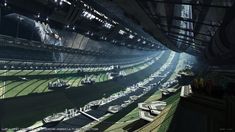 the interior of a stadium with rows of seats and lights shining down on the field