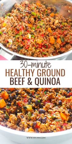 healthy ground beef and quinoa recipe in two pans with the title overlay