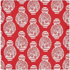 a red and white wallpaper with vases in the middle, on a red background