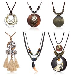 PRICES MAY VARY. Long Pendant Necklace Set: A total of 6pcs vintage pendant necklaces, including layered circle pendant necklace, braided leather necklace with teeth pendant, tassel sweater necklace, ginkgo leaf browne necklace, leaf wood necklace and disk leather necklace. The design suitable for both men and women can not only decorate your clothes, but also enhance your image and attract eyeballs. Adjustable Size : Rope size: 45-95cm, the extension chain of necklaces is about 5cm, which can b Bohemian Metal Charm Necklace With Clavicle Chain, Bohemian Metal Clavicle Chain Charm Necklace, Vintage Alloy Necklaces, Bohemian Dangle Charm Necklace With Clavicle Chain, Bohemian Charm Necklace With Clavicle Chain, Bohemian Alloy Necklace With Clavicle Chain, Handmade Vintage Alloy Necklace, Bohemian Adjustable Alloy Necklace, Adjustable Bohemian Alloy Necklace