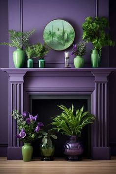 purple fireplace mantel with green vases and plants on top in front of it