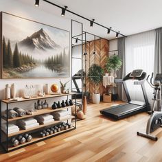 an exercise room with treadmill, exercise bike and painting on the wall above it