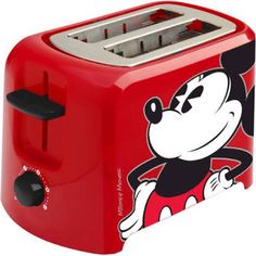 a red mickey mouse toaster sitting on top of a table