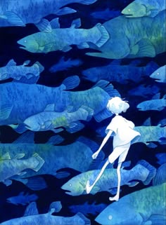 a painting of a boy standing in the water surrounded by fish