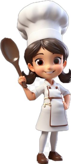 a cartoon character holding a spoon and wearing a chef's hat, standing in front of a white background