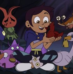 an animated character holding a red object in front of many other cartoon characters and cats