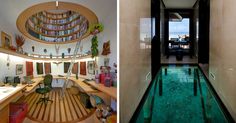 two pictures side by side, one with a pool and the other with an office