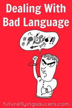 a poster with the words dealing with bad language in white lettering on a red background