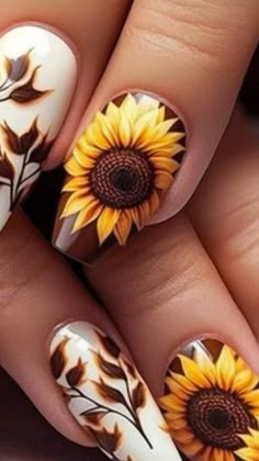 Sunflower Nails Ideas, Black Sunflower Nail Ideas, Sunflower Fingernails, Mommy Nails Ideas, Sunflower Inspired Nails, Fall Wedding Nail Ideas, Nails Acrylic Sunflower, Nails Sunflower Design, Sunflower Toe Nails