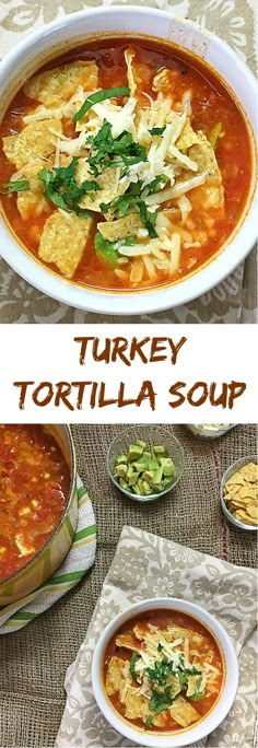 two pictures of turkey tortilla soup in bowls