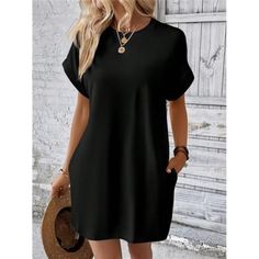 -Item Id 17665934 -Color: Black -Style: Casual -Pattern Type: Plain -Details: Pocket -Neckline: Round Neck -Sleeve Length: Short Sleeve -Type: Tee -Lined For Added Warmth: No -Sleeve Type: Batwing Sleeve -Waist Line: Natural -Hem Shaped: Straight -Length: Short -Fit Type: Loose -Fabric: Medium Stretch -Material: Fabric -Composition: 95% Polyester, 5% Elastane -Care Instructions: Machine Wash Or Professional Dry Clean -Pockets: Yes -Sheer: No **Open To Offers!!!** **Bundle To Save More** **30% Of Cheap Black T-shirt Dress For Women, Black Mini T-shirt Dress For Spring, Black Crew Neck T-shirt Dress For Spring, Black Shift Mini Dress With Short Sleeves, Casual Black Crew Neck Dress, Casual Black Shift Mini Dress, Black Crew Neck Summer Dress, Black Shift Mini Dress Casual, Black Mini T-shirt Dress For Summer