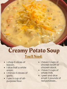 a bowl of creamy potato soup with cheese on top and instructions for how to make it