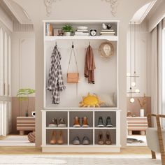 a white shelf filled with lots of shoes next to a table and chair in a room