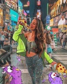 a woman is eating pizza while walking down the street with other people in the background