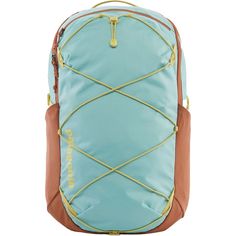 a blue and brown backpack with straps on it