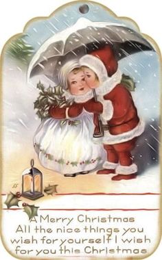 an old fashioned christmas card with santa claus carrying a bag and holding an umbrella in the snow