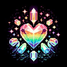 the pixel heart is surrounded by crystals and stars on a black background with rainbow colors