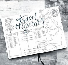 a notebook with travel info on it and the words travel timeary written in cursive ink