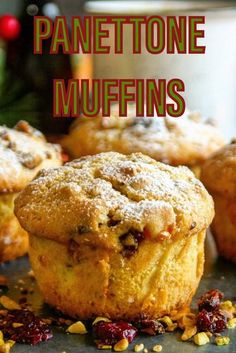 some muffins with cranberries on top and the words panettoe muffins above them