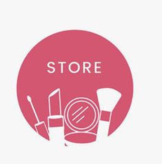 a pink circle with the words store on it and makeup items in front of it