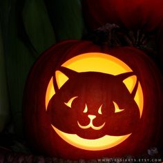 a carved pumpkin with a cat's face in the shape of a circle on it