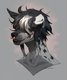 a drawing of a dog with long hair and an evil look on its face, standing in front of a cloudy sky