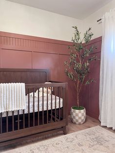 a baby crib with a tree in it