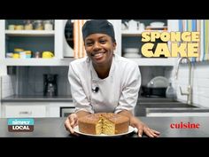 a woman sitting at a table with a cake in front of her and the words sponge cake on it