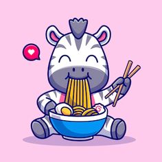 a cartoon zebra eating ramen with chopsticks in a blue bowl on a pink background