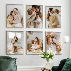 a family is hanging on the wall in their living room with four pictures above them