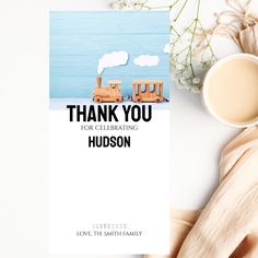 a thank card with the words, thank you from the breaking hudson on it next to a cup of coffee