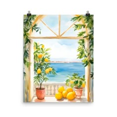 a painting of lemons on a window sill with the ocean in the background