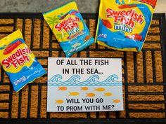 three bags of fish in the sea on a mat with a sign that says,