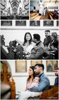 a collage of photos with people sitting in chairs and one man holding a baby