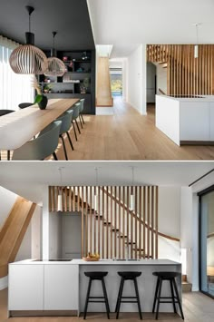 two pictures of the same kitchen and dining room, one with wood slats on the wall