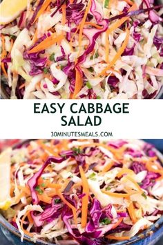 cabbage salad in a bowl with lemon wedges and parmesan cheese