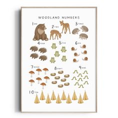 the woodland numbers poster with animals and mushrooms