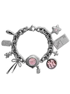 Sweet as can be ౨ৎ Introducing the 'ON THE WAY' charm bracelet - featuring the most precious pendants paired alongside a soft pink watch face, this accessory is bound to become a treasured piece in your jewelry collection. Trust us, compliments are waiting... ♡ Made with stainless steel chain, cubic zirconia and stainl Ballet Charm Bracelet, Pink Watch Face, Jewellery Watch, Charm Watch, Charm Bracelet Watch, Xoxo Jewelry, Dope Jewelry Accessories, Pink Watch, Vintage Charm Bracelet