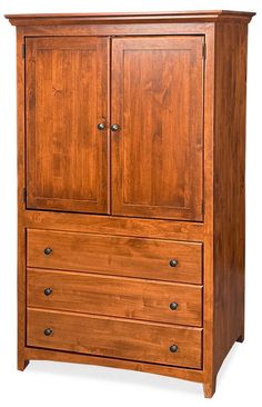 a wooden armoire with two drawers on one side and three doors on the other