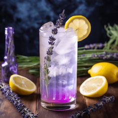 a glass filled with lavender lemonade and ice