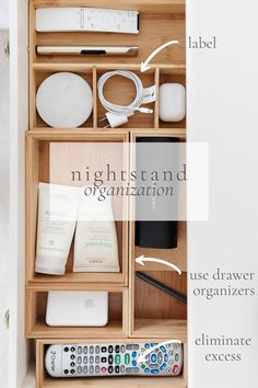 an organized drawer with various items labeled