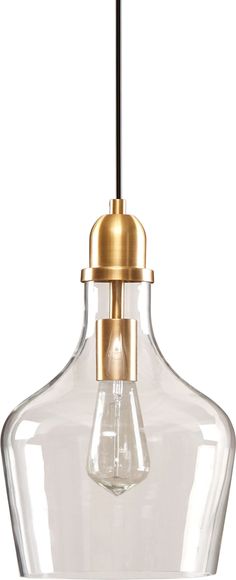 a clear glass light fixture with a gold colored metal fitting on the top and bottom